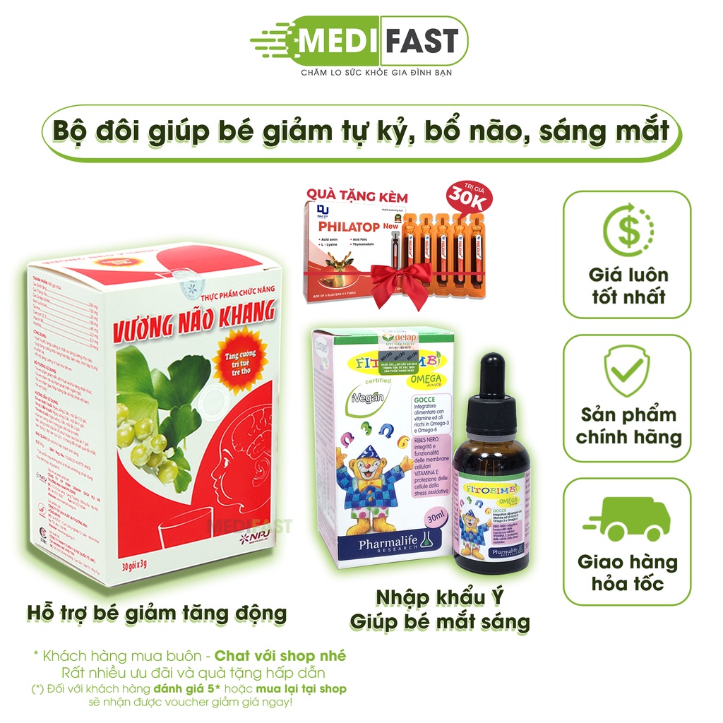 Cốm vương não khang cho bé tự kỷ, chậm nói và Fitobimbi omega giúp bé mắt sáng, tăng cường trí tuệ