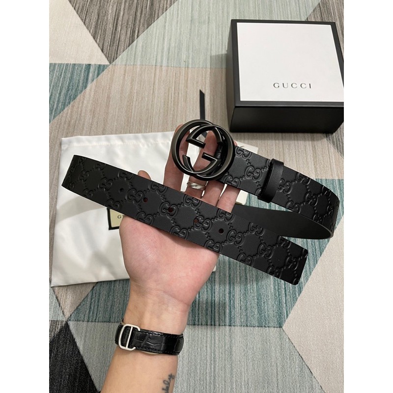 thắt lưng da in viền logo khoá chữ G đôi 4.0cm gucci GC GG