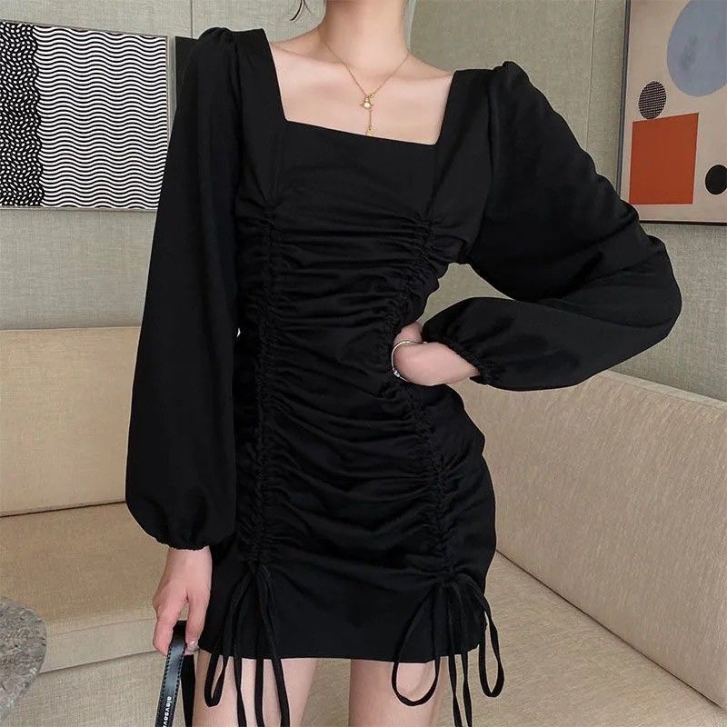 Đầm Ngắn Dáng Ôm Tay Phồng Cột Dây Thời Trang Hàn Quốc Cho Nữ