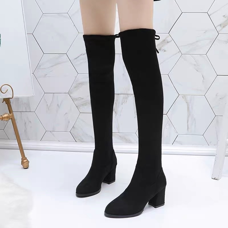 Bốt đùi nữ da lộn lót lông có dây buộc gót vuông cao 6cm