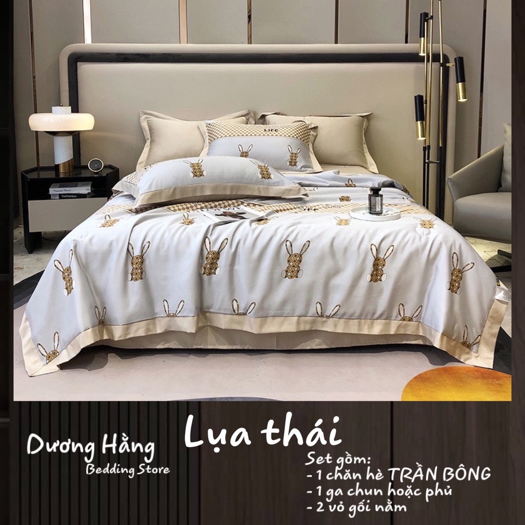Set CHĂN HÈ TRẦN GA GỐI Lụa Thái hoạ tiết thỏ ghi
