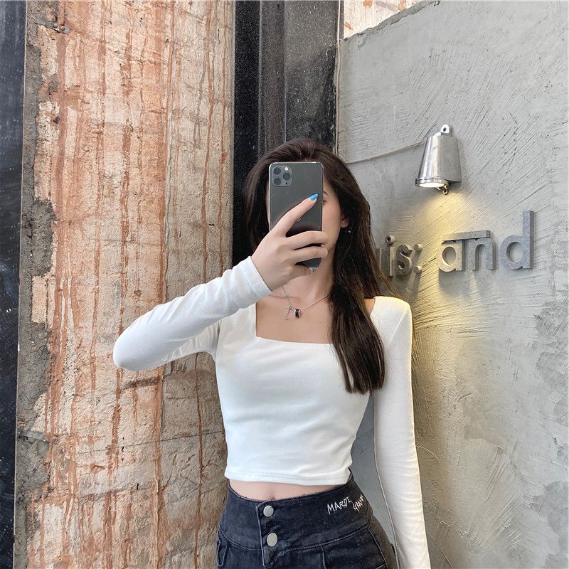 Áo Croptop HENSILY Nữ Tay Dài Ôm Body Kiểu Sexy Cổ Vuông