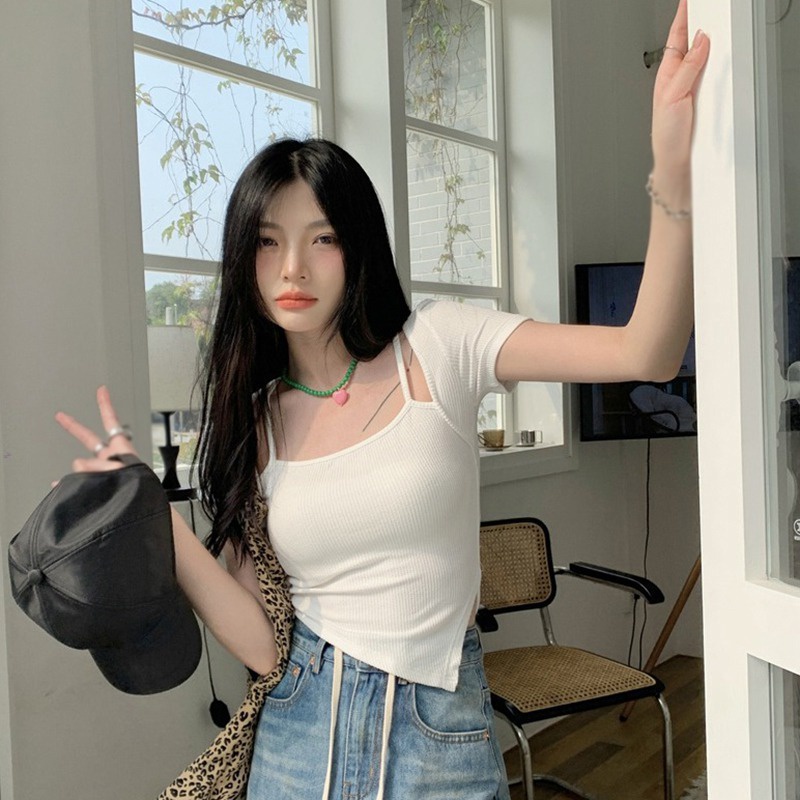 Áo Thun Tay Ngắn Cổ Vuông Thiết Kế Độc Đáo Phong Cách Hàn Quốc Thời Trang Cho Nữ