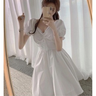 Đầm trắng cộc tay dáng xoè rút ngực, váy chụp kỉ yếu, prom