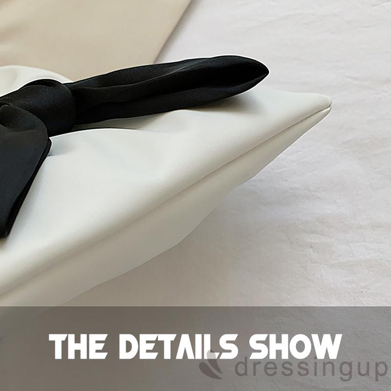 DRE-Women Elastic Rubber Band Handbag, Ruched Tote Bag with Bow Knot Decor, White/ Black