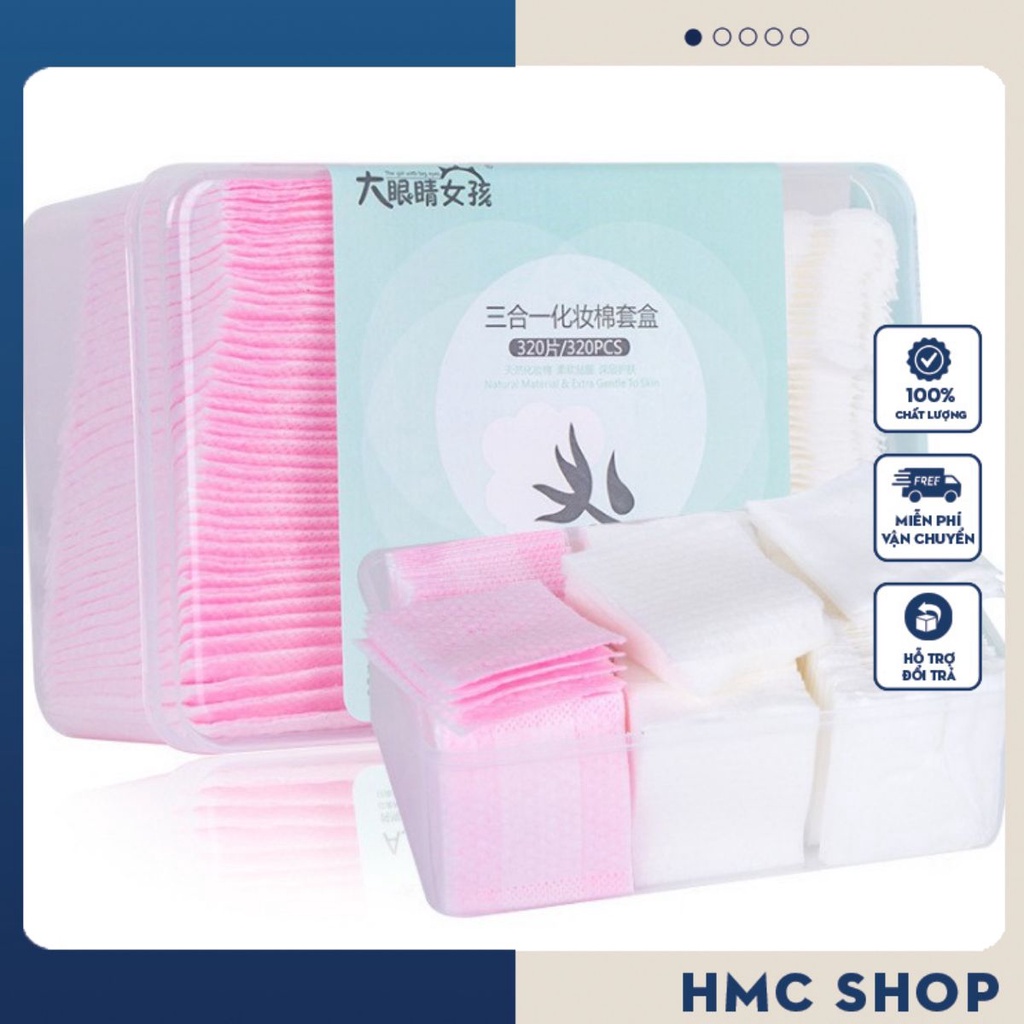 [Hộp Nhựa 320 miếng] HỘP BÔNG TẨY TRANG 3in1 cotton 100% mềm mịn hộp 320 miếng