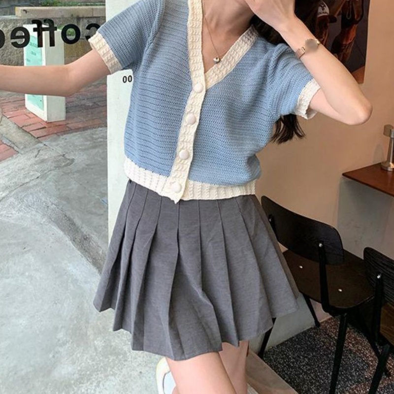 Áo Khoác Cardigan Dệt Kim Mỏng Tay Ngắn Cổ Chữ V Cài Nút Nhiều Màu Sắc Thời Trang Mùa Hè Cho Nữ