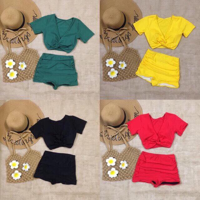 bikini 2 mảnh quần cạp cao, áo croptop tay con- che khuyết điểm cực tôn dáng- bikini129k | BigBuy360 - bigbuy360.vn