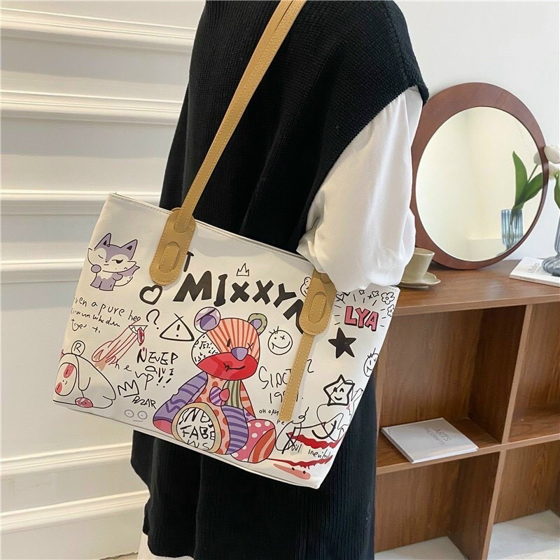 Túi xách công sở nữ to, Túi tote bag da hình gấu trắng vừa A4, iPad, tài liệu da dày đi học, đi làm TIMISTOREHN T100
