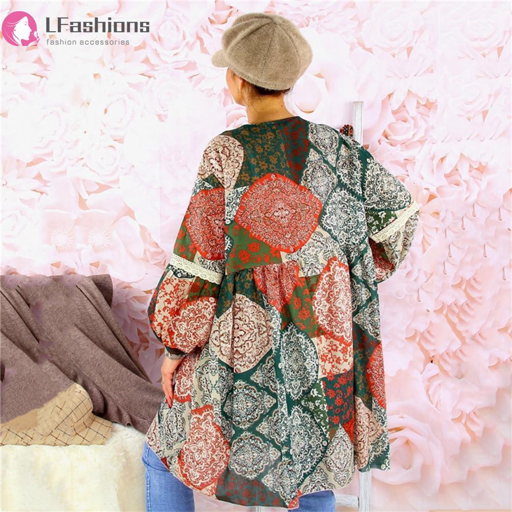 Autumn Women V-neck Bohemia Print Dress Lantern Sleeve Loose Long Section Tops | BigBuy360 - bigbuy360.vn