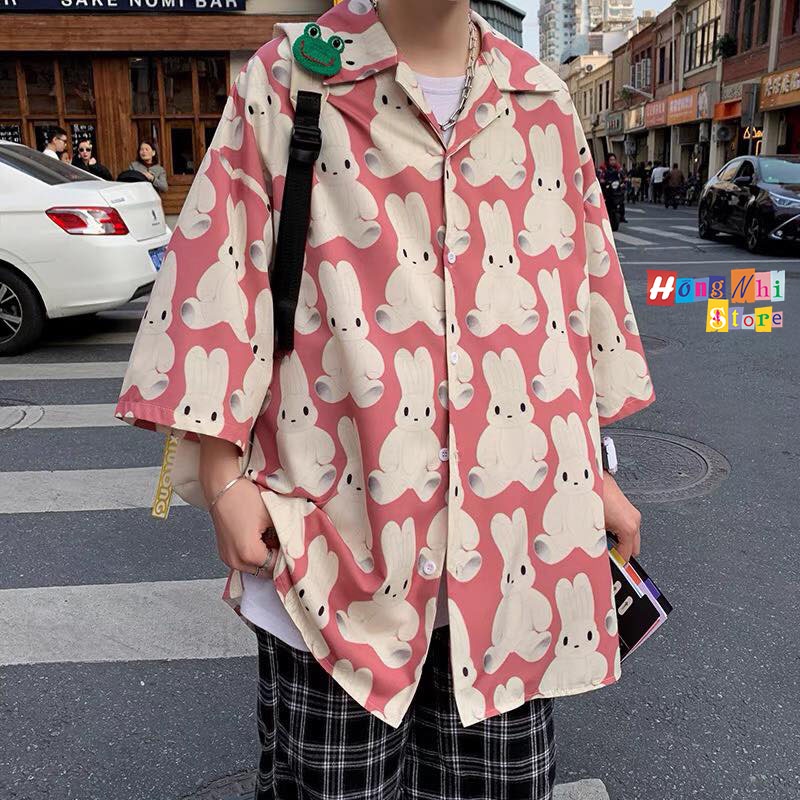 Áo Sơ Mi Họa Tiết Đi Biển Con Thỏ Trắng Hoạt Hình Tay Lỡ Dáng Rộng Ulzzang Unisex - MM