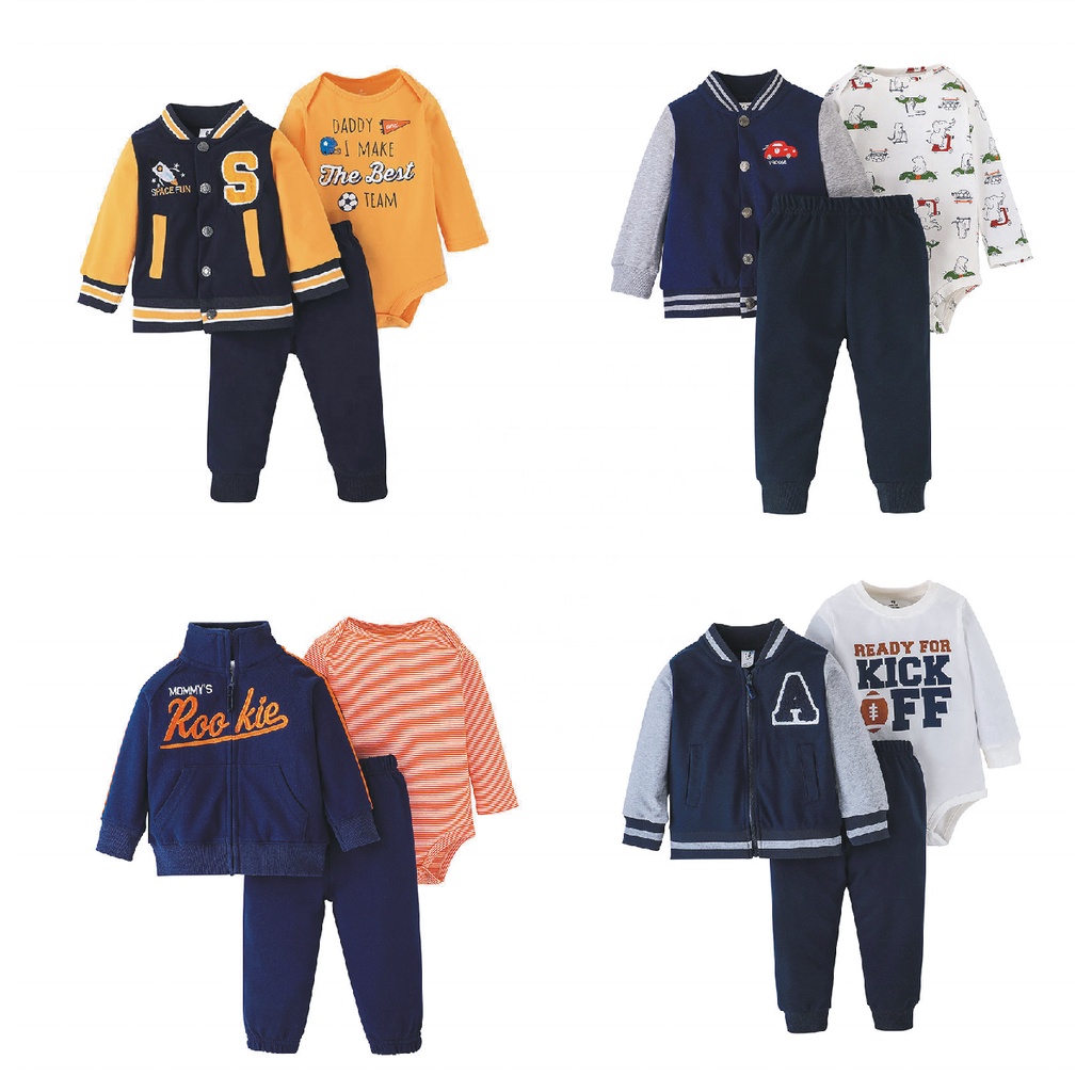 Combo bộ đồ bé trai 6-24 tháng Cotton hoạt hình dài tay Áo choàng ngoài bodysuit liền thân quần dài set mùa hè thời trang cho bé trẻ em sơ sinh
