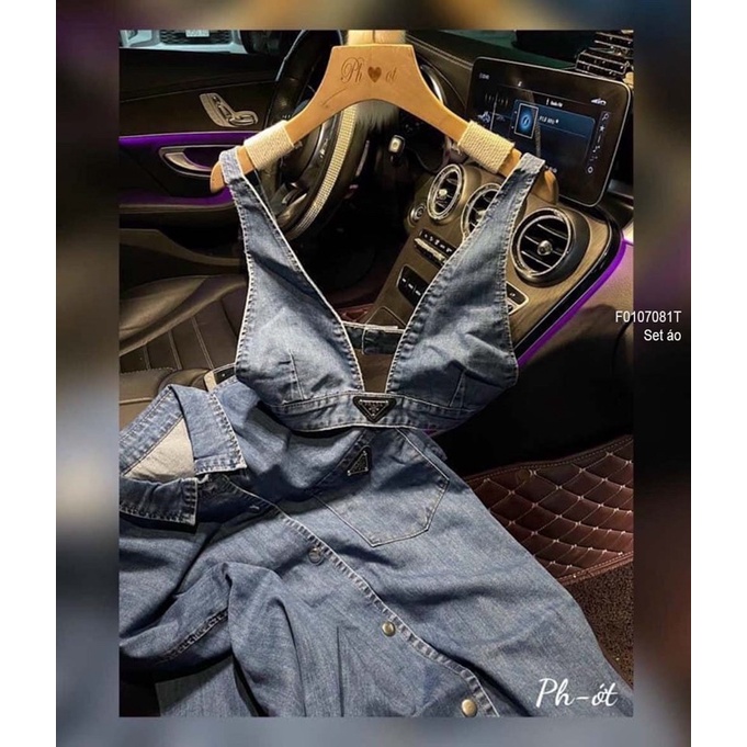 Set cặp áo jean xanh áo sơ mi áo bra
