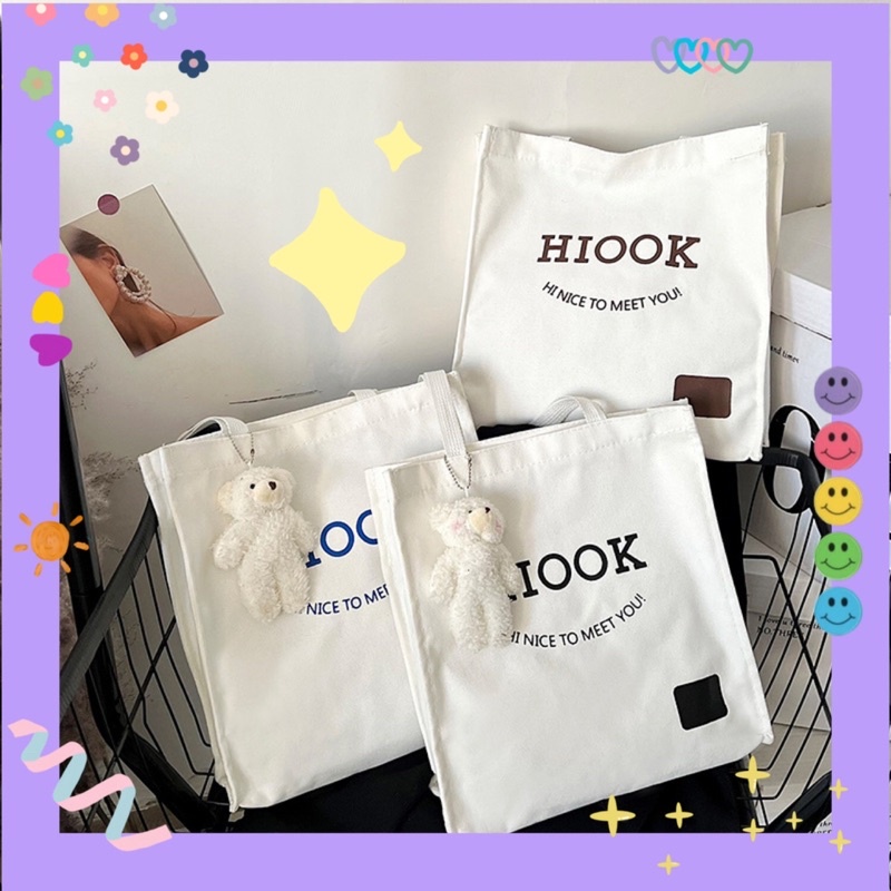 Túi tote canvas trắng quai dài dạng hộp HIOOK (nâu/xanh dương/đen)