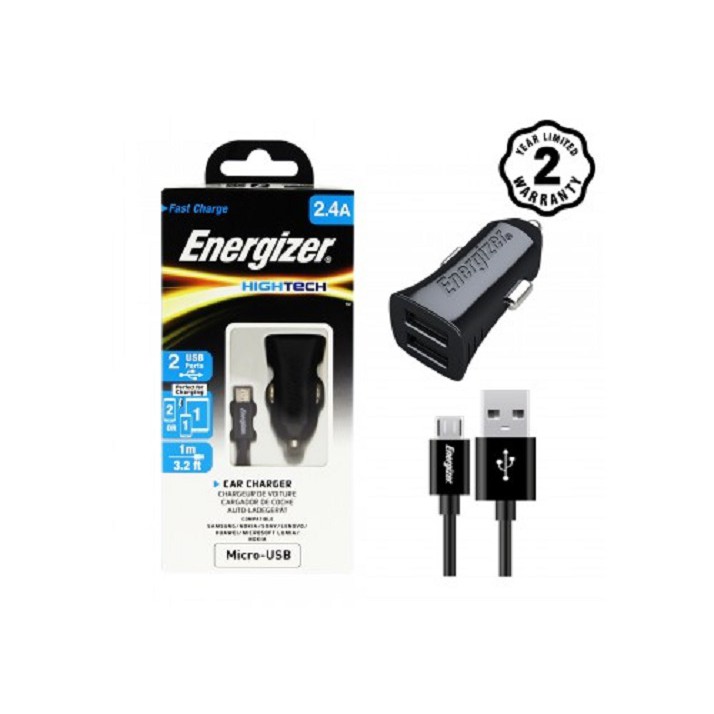 Sạc Ô Tô Energizer 2.4A 2USB + Kèm cáp Micro USB - DCA2BHMC3