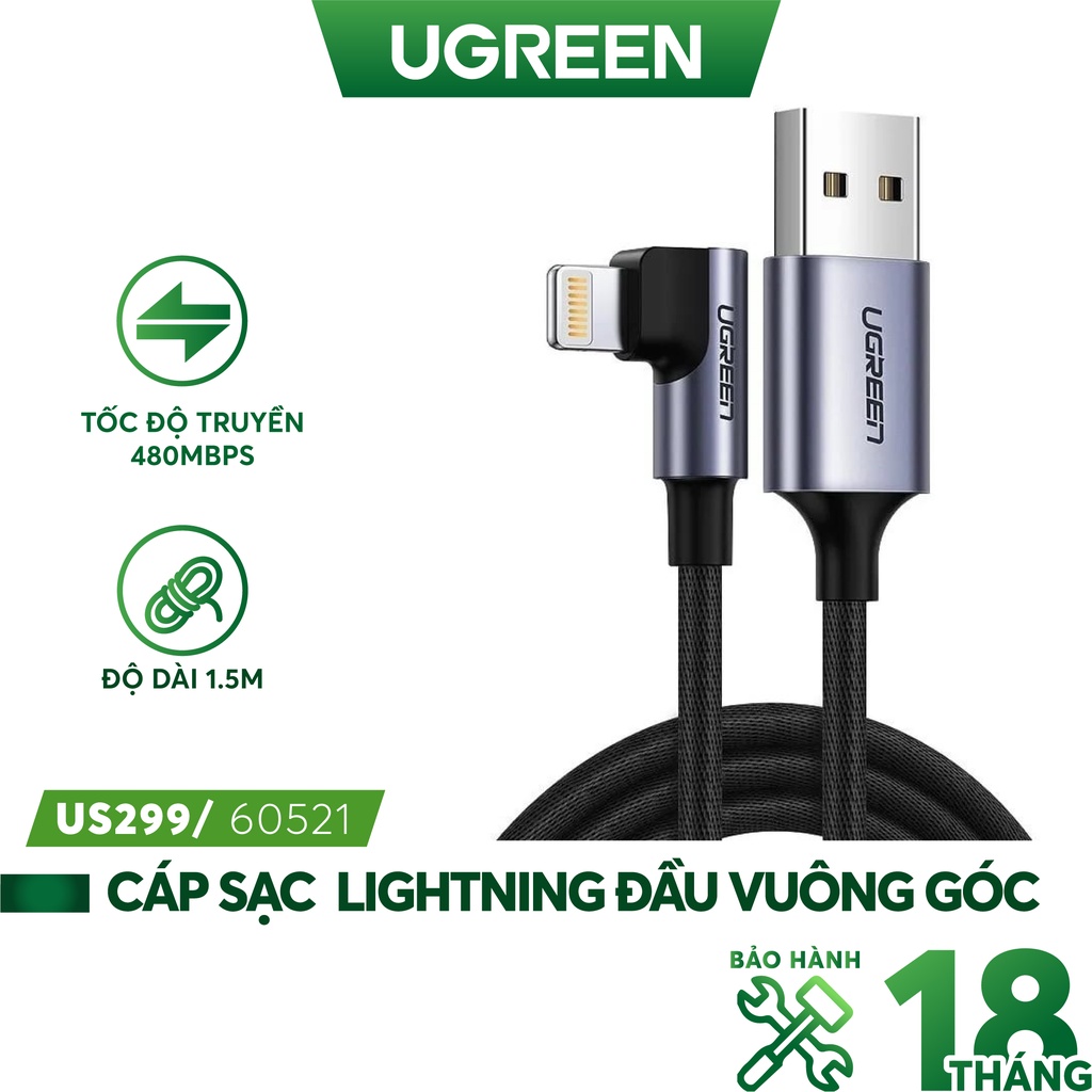 Cáp sạc cổng Lightning cho iPhone/iPad dây bện một đầu vuông góc 90 độ dài 1m UGREEN US299