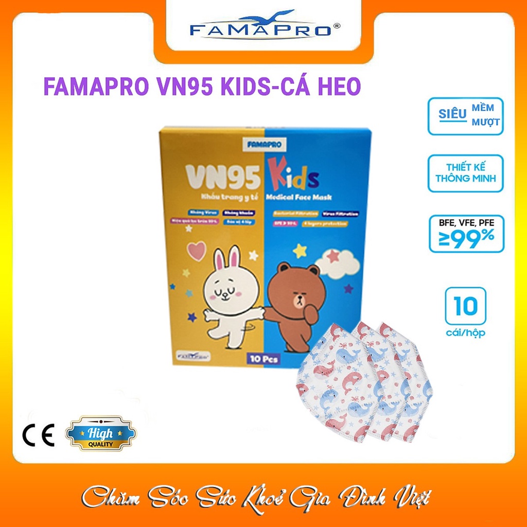 Hộp 10 Khẩu Trang Y Tế Kháng Khuẩn 4 Lớp Cho Trẻ Em Famapro VN95 KID - Khẩu Trang Cho Bé Lọc Bụi Mịn VN95