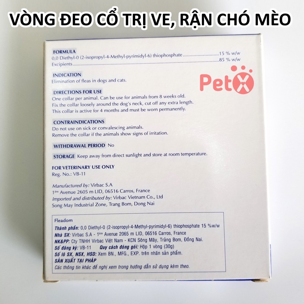 Vòng cổ chống rận ngăn ngừa và diệt ve rận cho chó mèo Fleadom Virbac