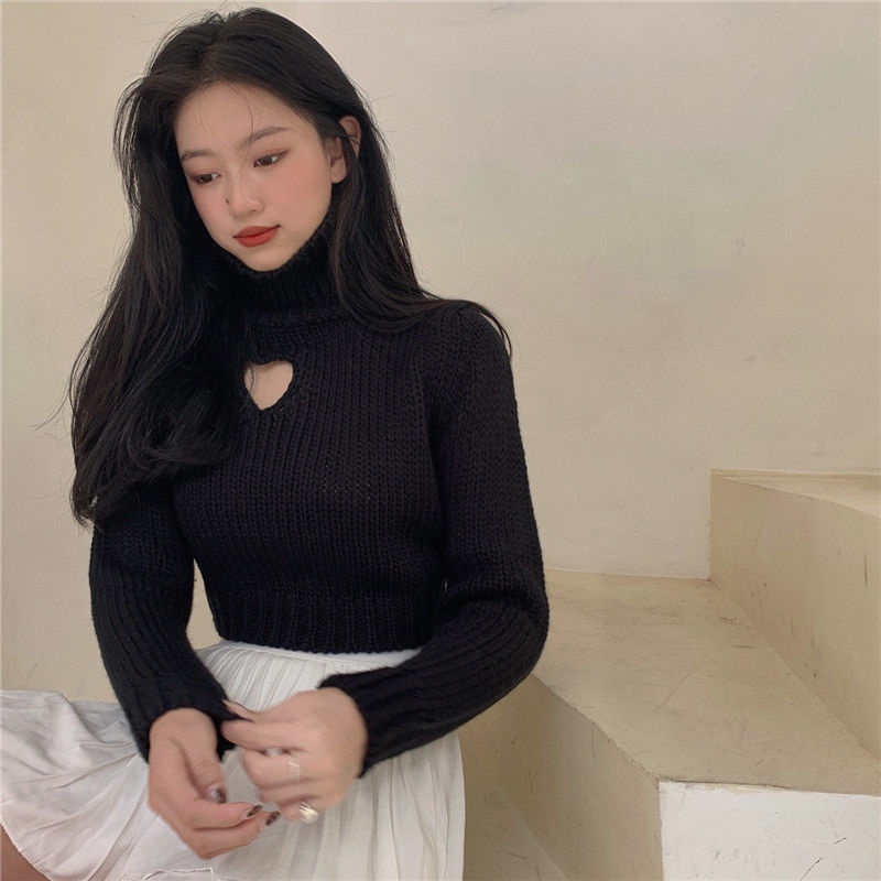 Áo sweater cổ cao tay dài dáng ôm in họa tiết trái tim thời trang thu đông mới cho nữ