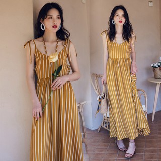 Đầm Dài 2 Dây Cổ Chữ V Kẻ Sọc Thời Trang Cho Nữ