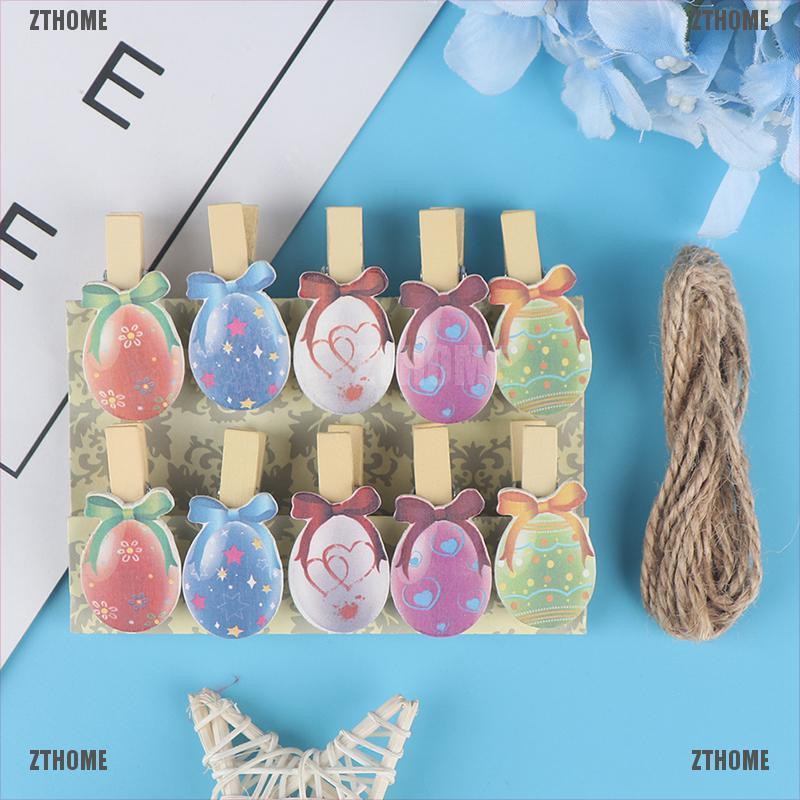 ZTHOME 10pcs Lovely Easter Eggs Shaped Wooden Pegs Photo Clips Note Memo Card Holder