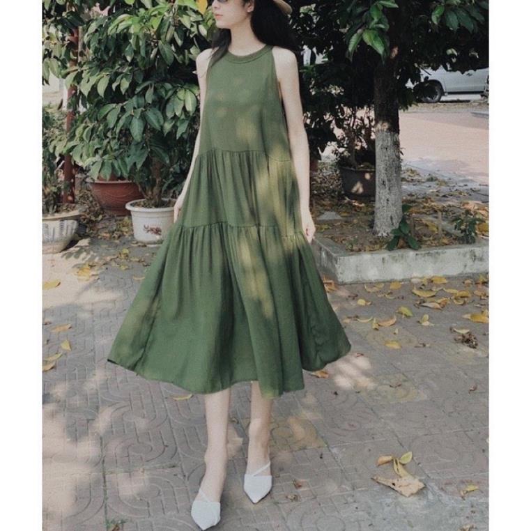 Áy kiểu nữ đi biển Váy maxi đũi mềm cổ yếm dáng babydoll xòe tầng cực xinh