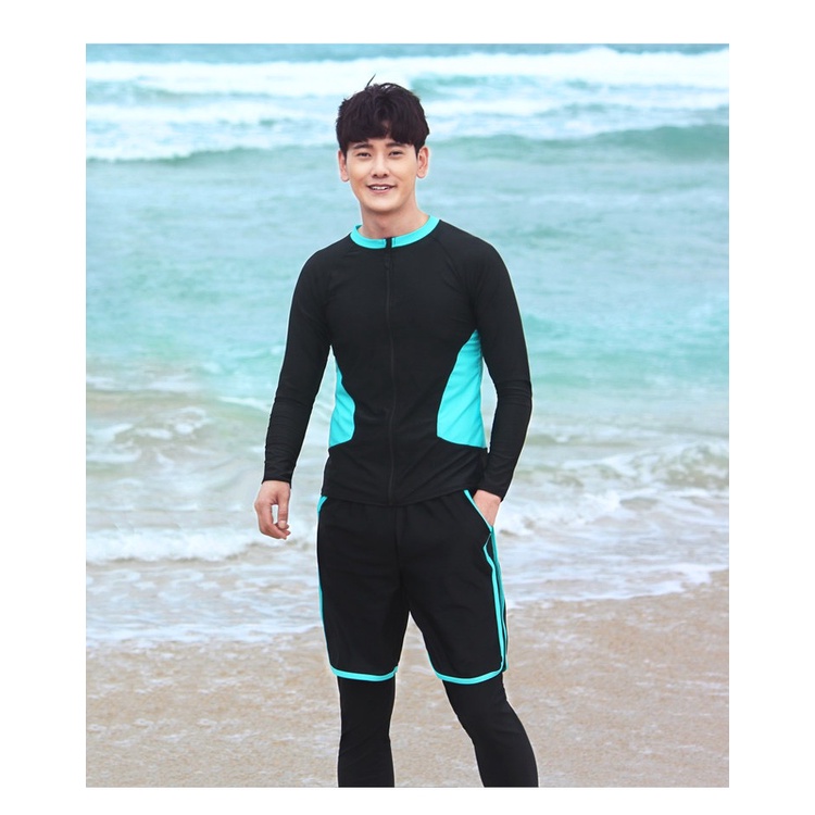 [BIG SIZE] Bộ đồ bơi bikini tay dài đôi nam nữ đen lườn xanh 5 mảnh quần lửng siêu xịn