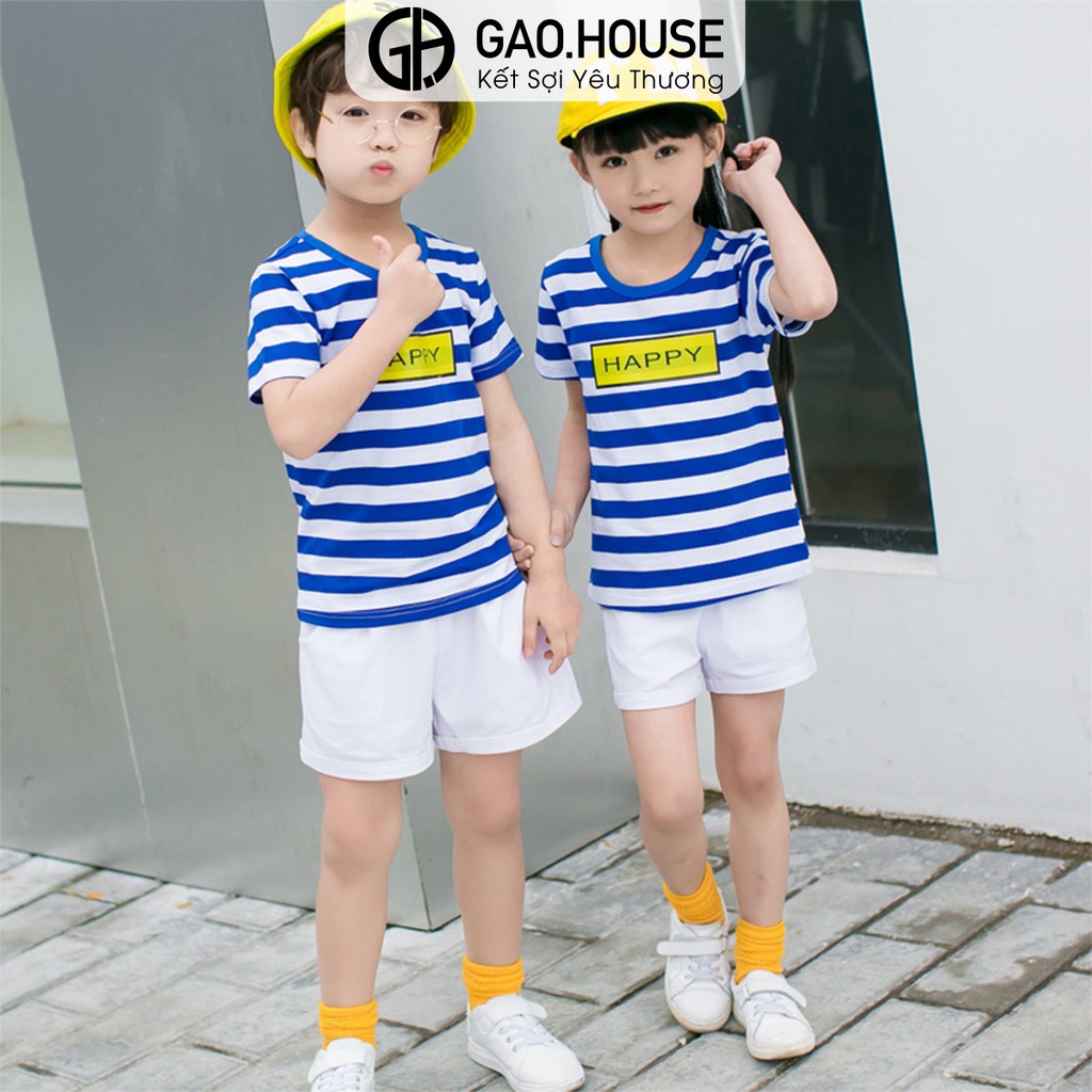 Áo gia đình Gạo House cotton 4 chiều cổ tròn chữ happy kẻ xanh