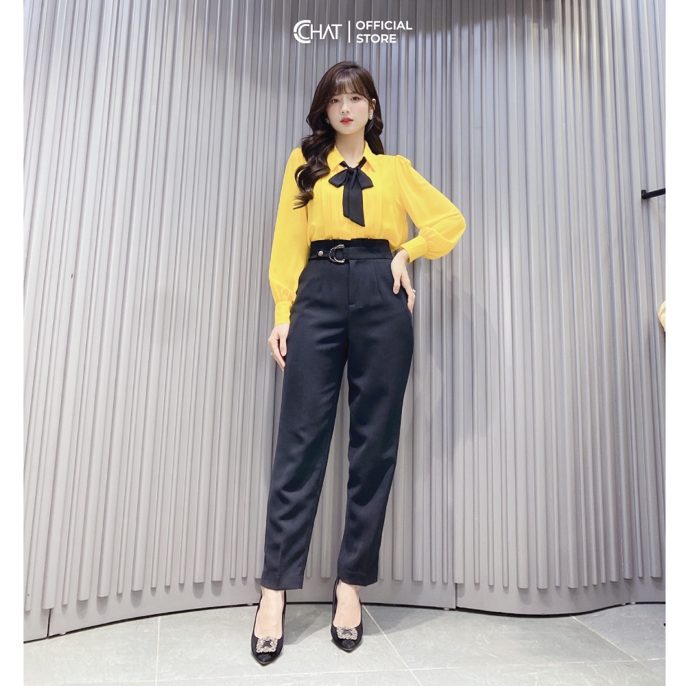 Áo Sơ Mi Nữ 𝐂𝐂𝐇𝐀𝐓 Ly Nẹp Thân Trước Nơ Rời Cao Cấp Dáng Suông Phong Cách Trẻ Trung 92FDL2001ST