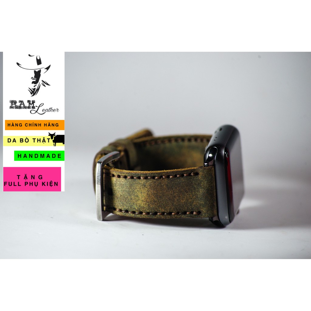 Dây đồng hồ da bò cao cấp màu quân đội RAM Leather - tặng khóa chốt và cây thay dây