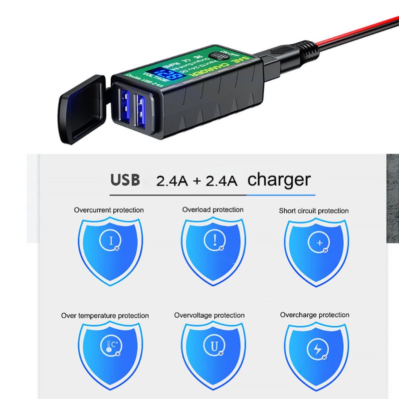 Bộ sạc trên xe máy Bonjour hai cổng USB 2.4A có công tắc vôn kế và vôn kế cho điện thoại di động/máy tính bảng GPS