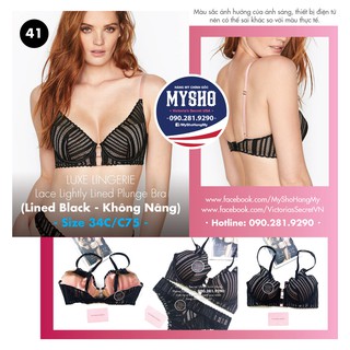 Hàng Auth 34C, C75 - Áo lót đen ren (41) không nâng, có mút, dòng Luxe Lingerie - Victoria's Secret