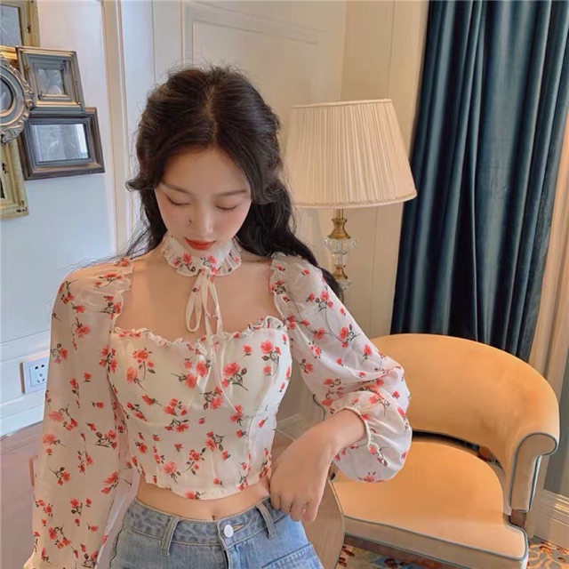 Áo hoa nhí sexy vintage hàn quốc ullzang- áo trễ vai chụp ảnh đi biển