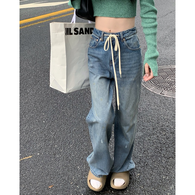 Quần Jeans Ống Rộng Lưng Cao Thắt Dây Cá Tính Sành Điệu Dáng Rộng Phong Cách Hàn Quốc