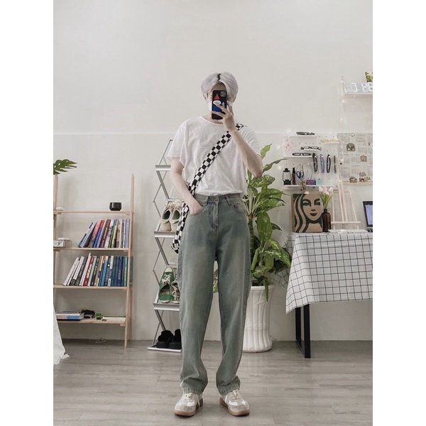 QUẦN BAGGY JEANS XÁM VÀNG TRƠN ỐNG RỘNG FORM UNISEX NAM NỮ (hình chụp thật)