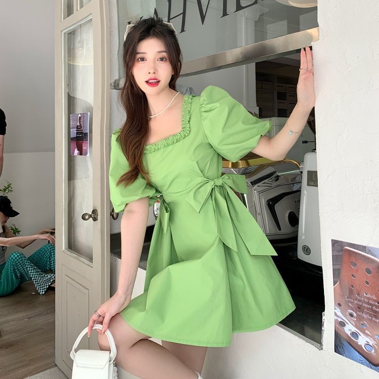 Đầm Tay Phồng Cổ Vuông Thiết Kế Thắt Nơ Eo Mẫu Mới Thời Trang Mùa Hè Theo Phong Cách Hàn Quốc Cho Nữ