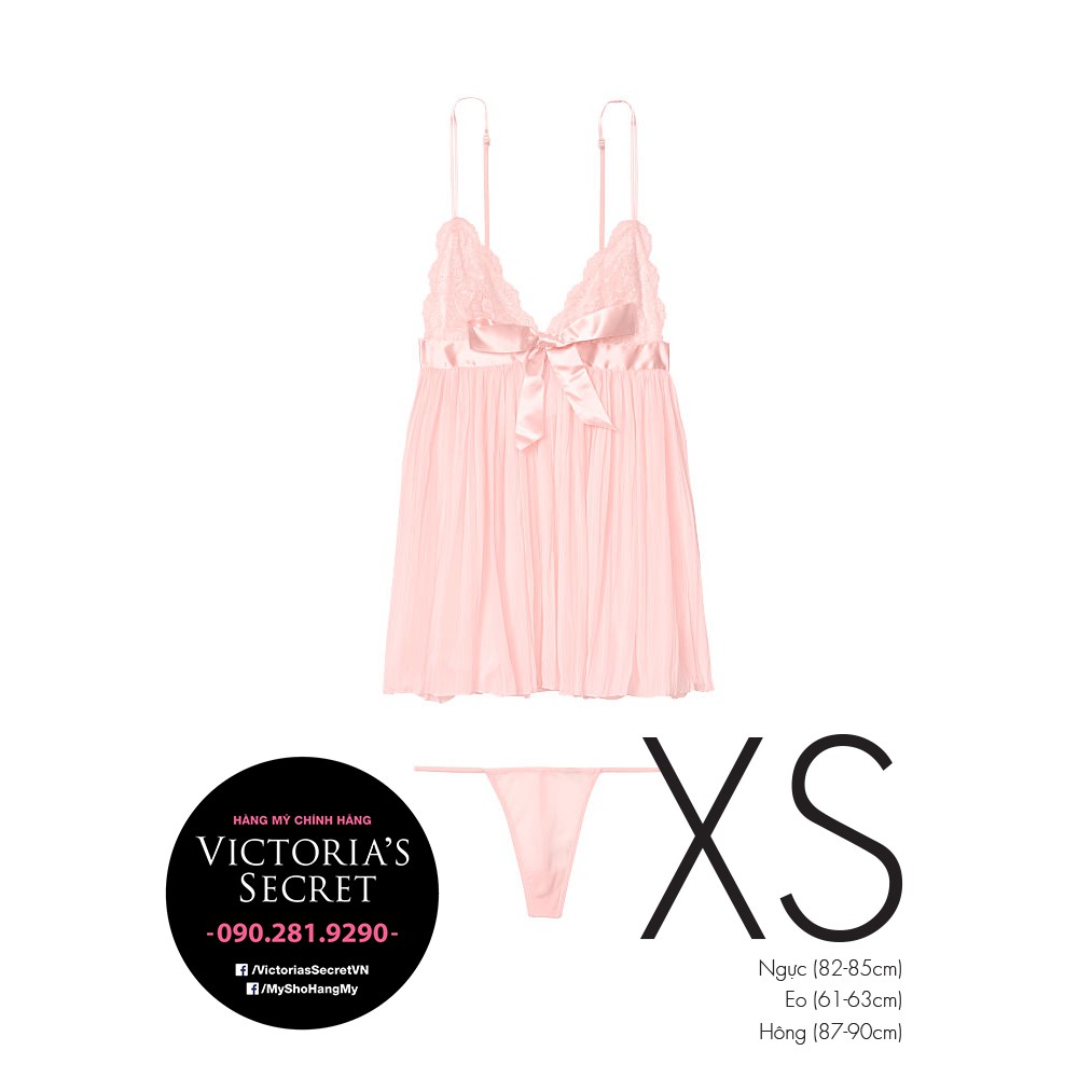 (Sleep XS) - Váy ngủ hồng nơ phổi ren (46) Very Sexy Pleated Babydoll, Pink Millennial - Victoria's Secret