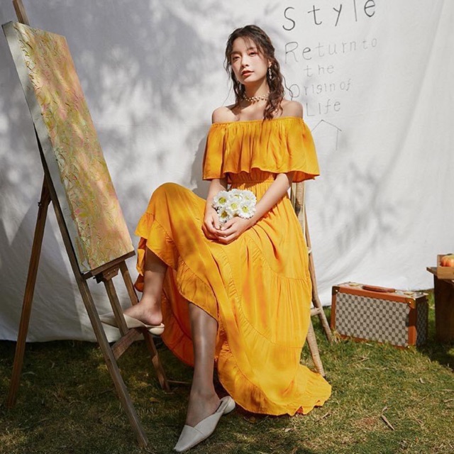 [Giá huỷ diệt⚡️] Váy maxi trể vai vàng/ trắng siêu xinh sống ảo