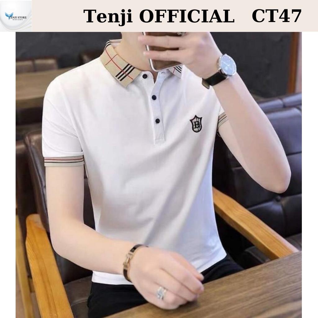 Áo polo nam TENJI AT259 thun tay ngắn chất da cá co dãn họa tiết chữ lock back đen dáng kinny size (M-XXL)