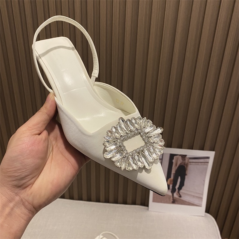 Giày cao gót nữ slingback 4p mũi nhọn đính đá tủa-có size lớn
