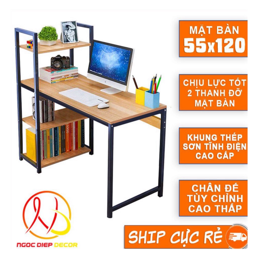 Bàn làm việc khung sắt kèm giá sách sơn tĩnh điện chịu lực cao, bàn vi tính hoặc bàn học