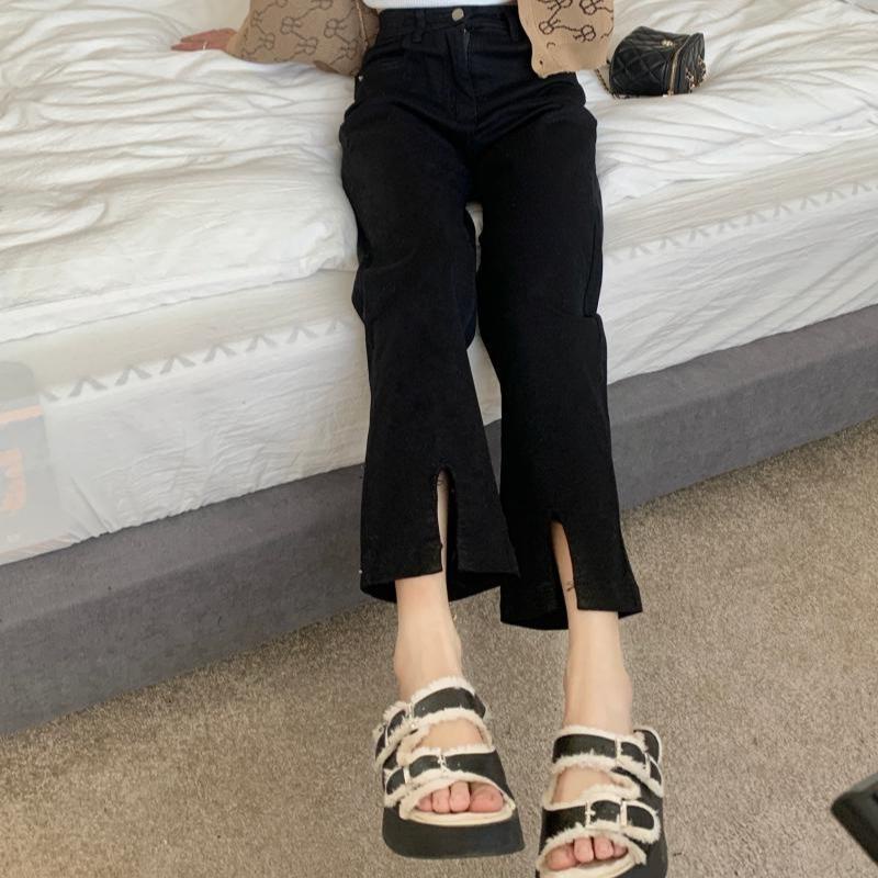 Quần Jean Đen Lưng Cao Ống Rộng Thiết Kế Xẻ Tà Phong Cách Hàn Quốc Trẻ Trung