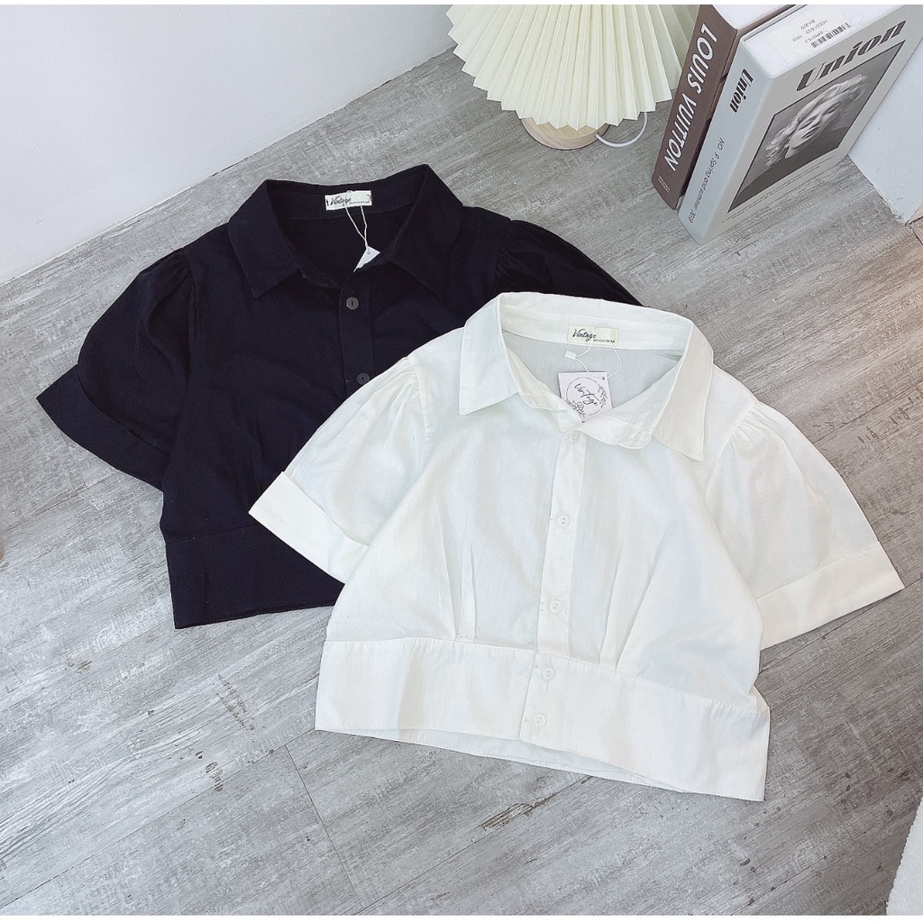 Áo sơ mi thô croptop cài cúc tay bồng Hàn Quốc