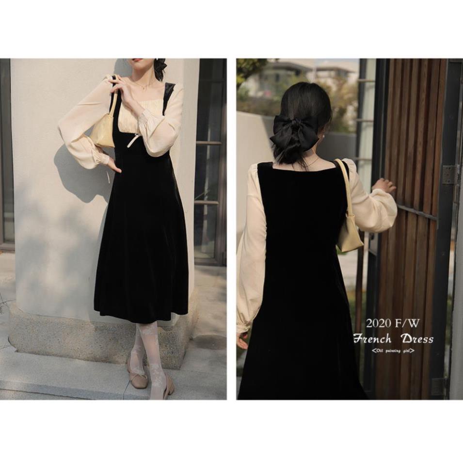Đầm midi Mùa hè mùa thu nhung dài tay áo giản dị thanh lịch