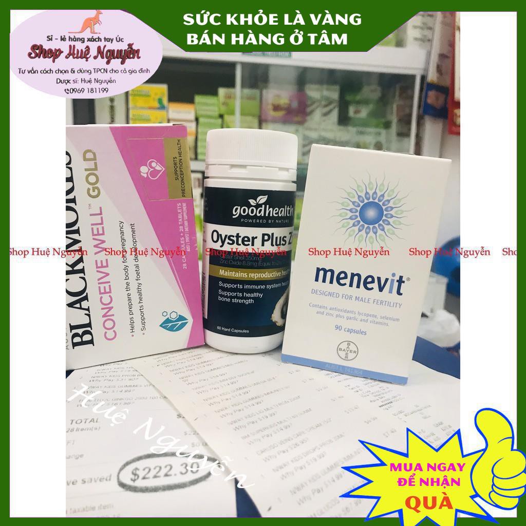 Combo tinh chất hàu Oyster Plus Goodhealth, Menevit, Tăng thụ thai Blackmores Úc cho cặp vợ chồng chuẩn bị sinh em bé