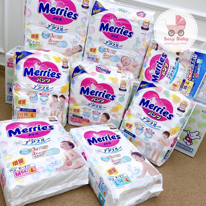 Bỉm Tã dán/ quần Merries nội địa NB82 / S88 / M68 / L58/ M64/ L50/ XL44, Suzy baby