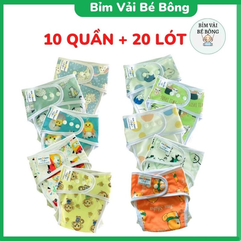 [10 QUẦN+20 LÓT] Combo 10 Bộ Bỉm Vải, Tã Vải Babu Nature Nature Chống Hăm, Chống Tràn Cho Bé, SIZE M,L