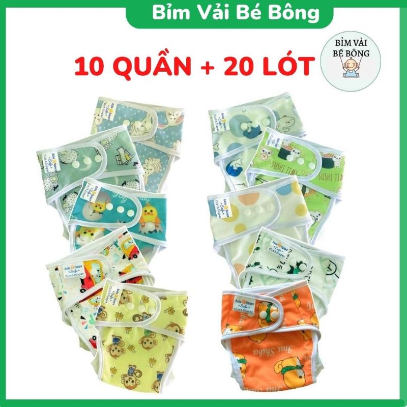 [ƯU ĐÃI] [10 QUẦN+20 LÓT] Combo 10 Bộ Bỉm Vải, Tã Vải Babu Nature Nature Chống Hăm, Chống Tràn Cho Bé, SIZE M,L