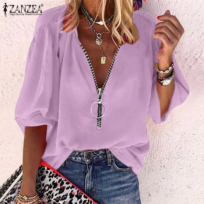 Zanzea Áo Nữ Tay Dài Cổ Chữ V Có Khóa Kéo Phong Cách Châu Âu