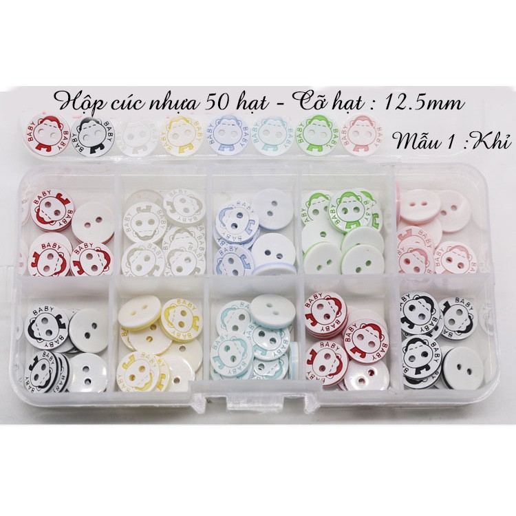 Hộp nút nhựa 150 hạt các mẫu nút thú xinh xắn 10 màu, cỡ nút 12.5mm - Len sợi phụ kiện Đà Nẵng
